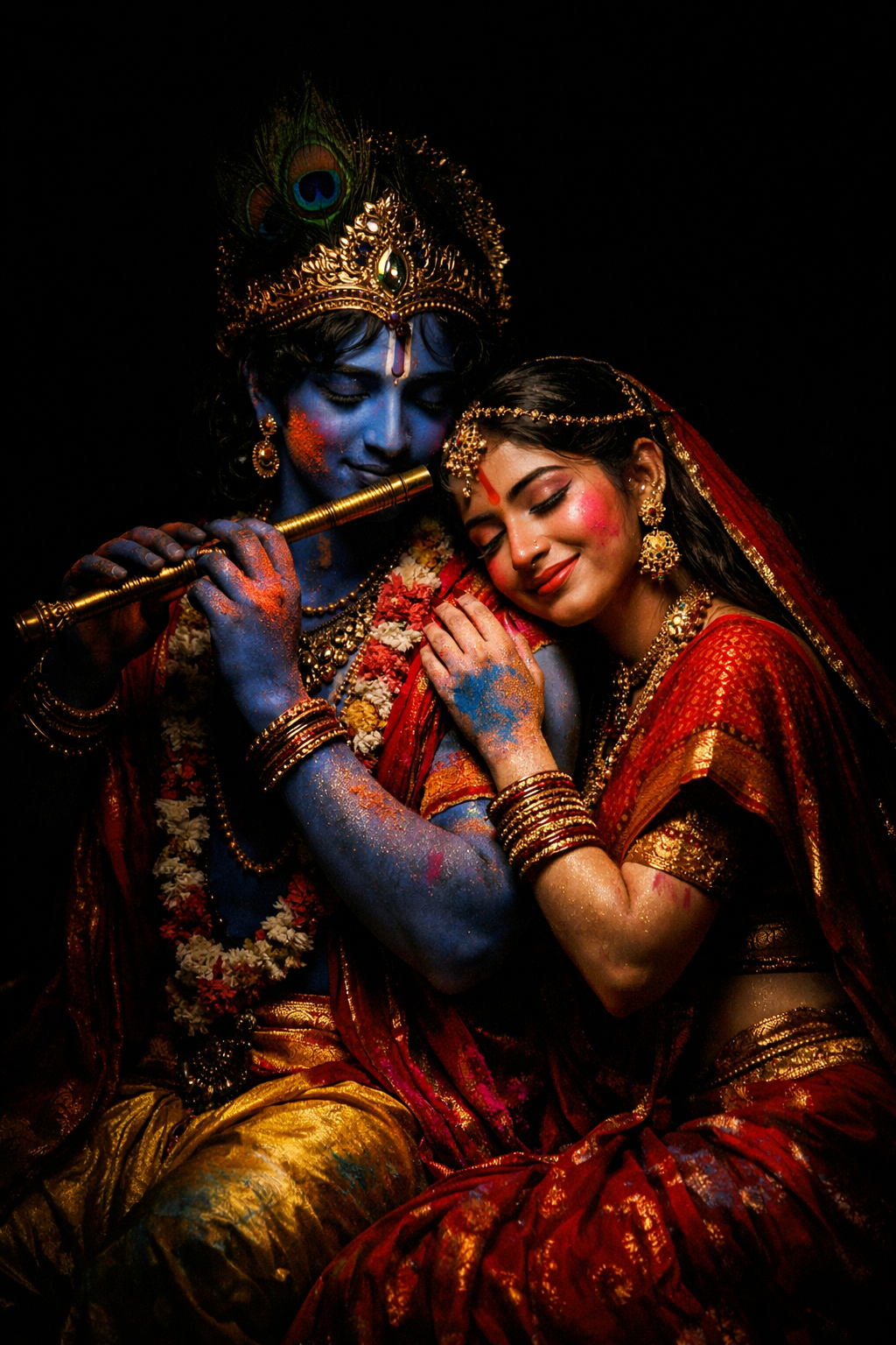 Radha Krishna dark aesthetic with single overhead spotlight deep shadows premium moody composition